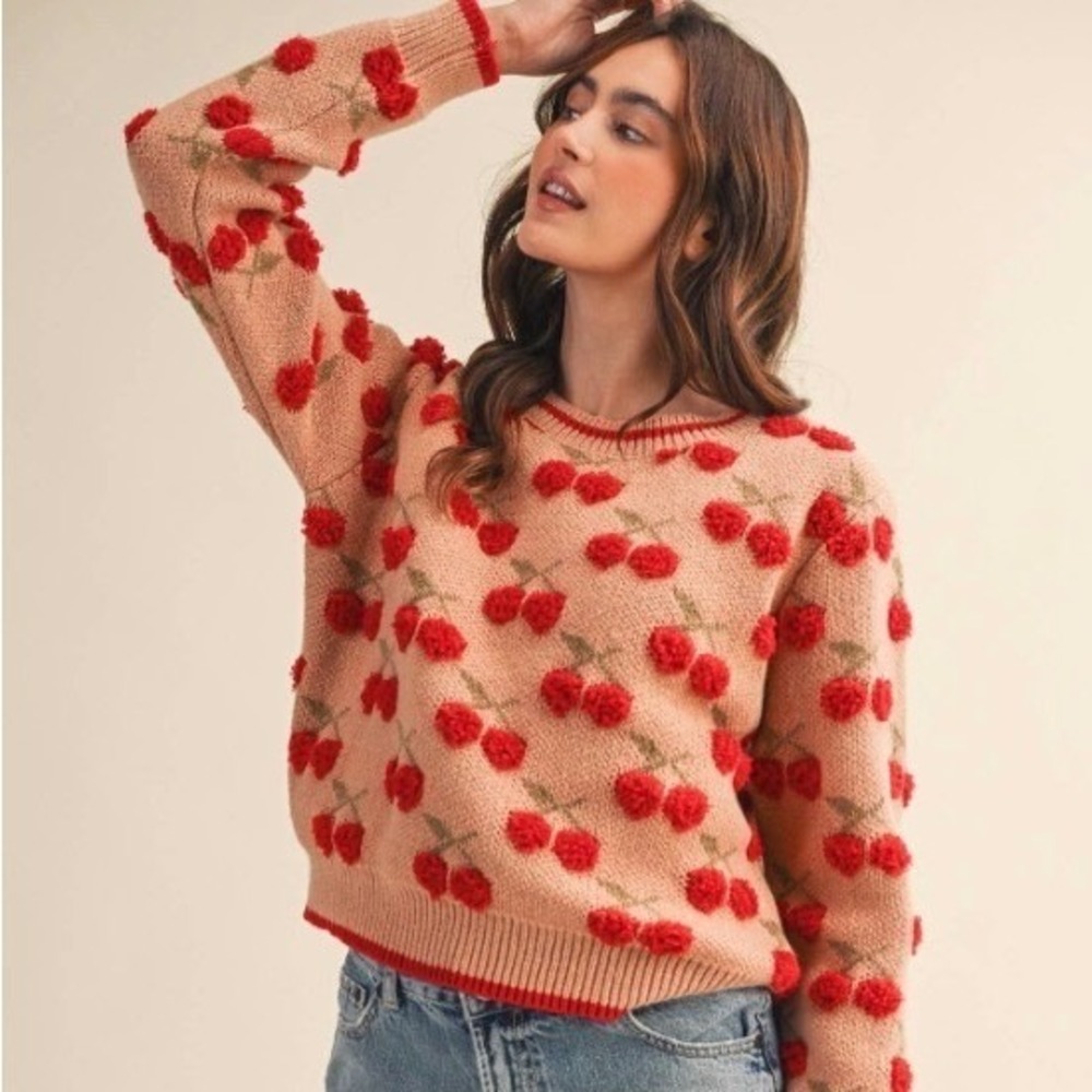 &merci Cherry Pom Pom Sweater Women Large Tan Red Whimsical Coquette Cottagecore